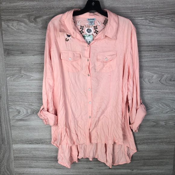 Nostalgia Tops - Nostalgia Pink Button Down with Floral Embroidery - Size XL
